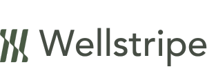 The logo for Wellstripe. Three vertical lines with rounded edges is to the left in a matte forest green color, and the word Wellstripe is to the right in a medium grey color.